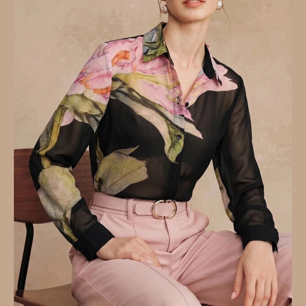 Black Watercolor Floral Print Sheer Chiffon Long Sleeve Button Up Blouse Shirt